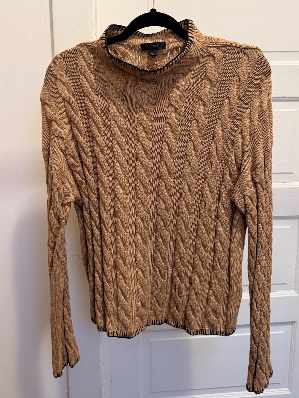 J. Crew Camel Cable Knit Mock Neck Sweater with Contrast Trim
